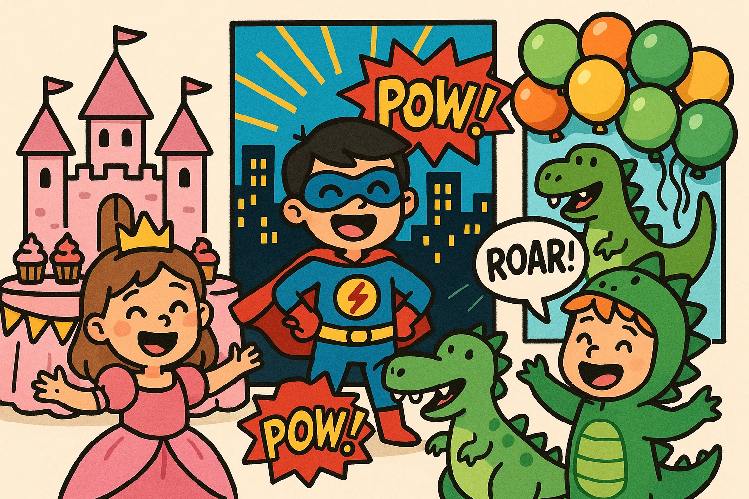 Princess, superhero, and dinosaur themed birthday party ideas for 4 year olds.