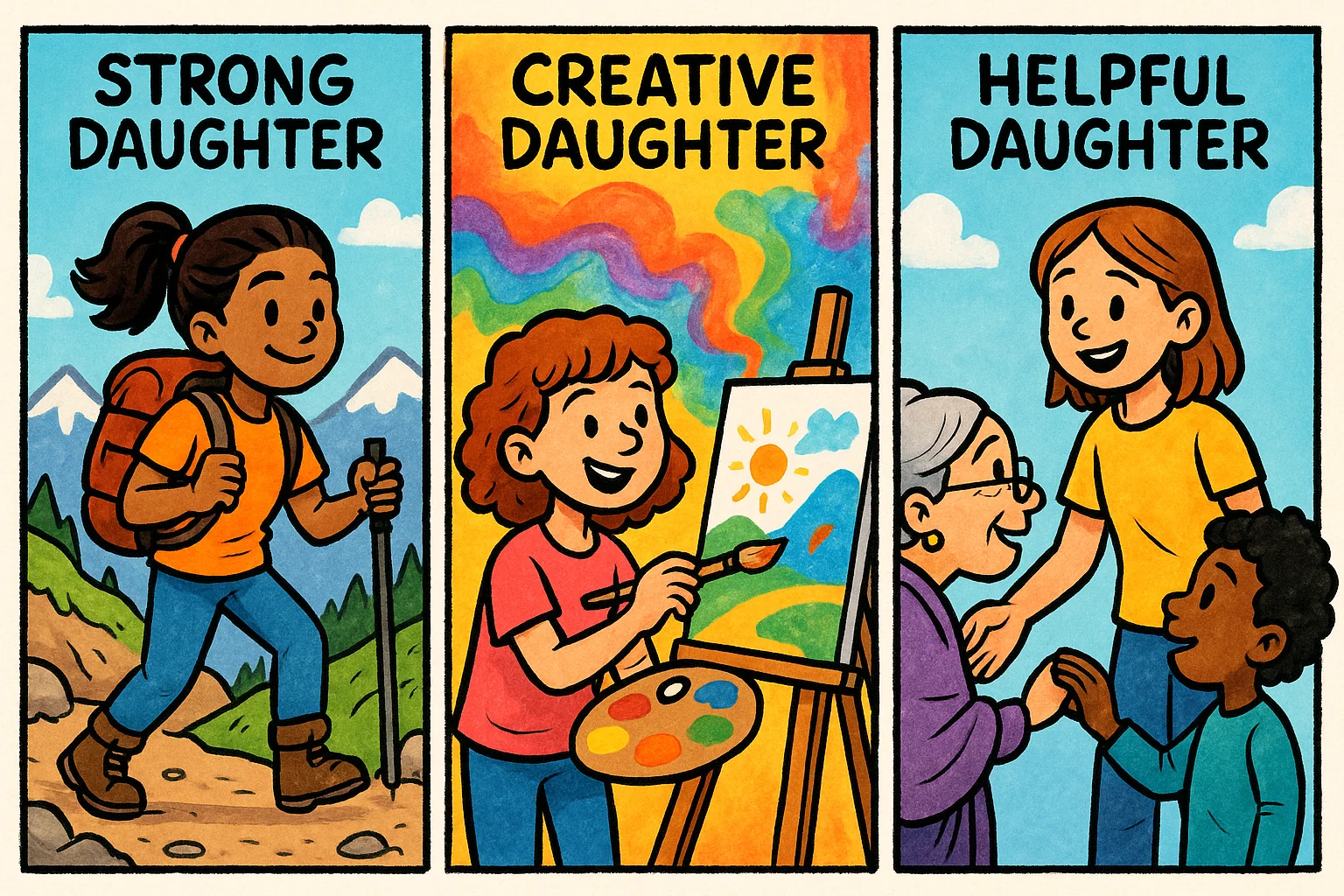 A cartoon illustrating birthday wishes tailored to different personalities: independent, creative, and a role model.