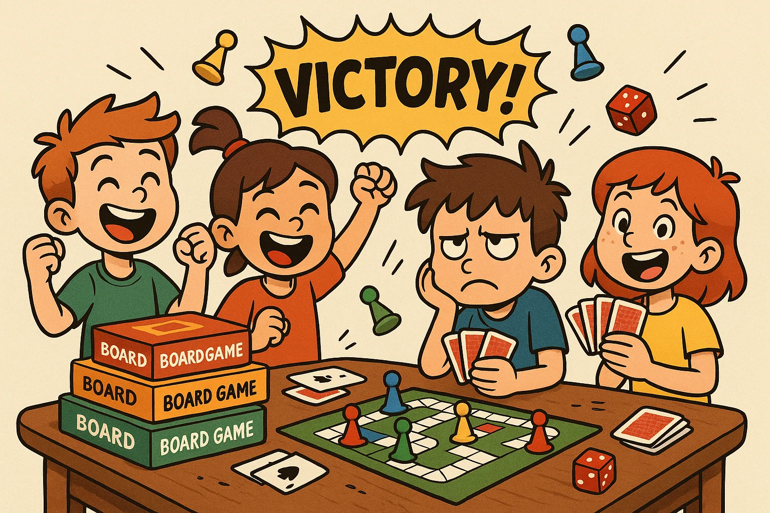 Children enjoying board games and card challenges at birthday celebration.
