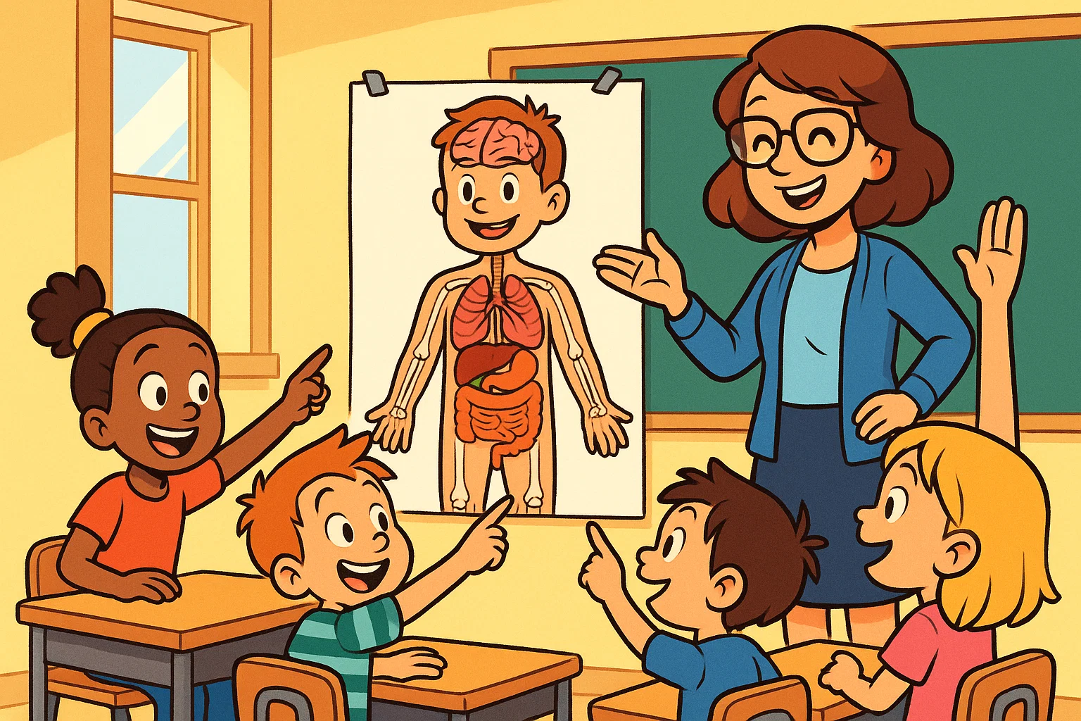 Children learning human body parts with charts and a teacher. Children learning human body parts with charts and a teacher.