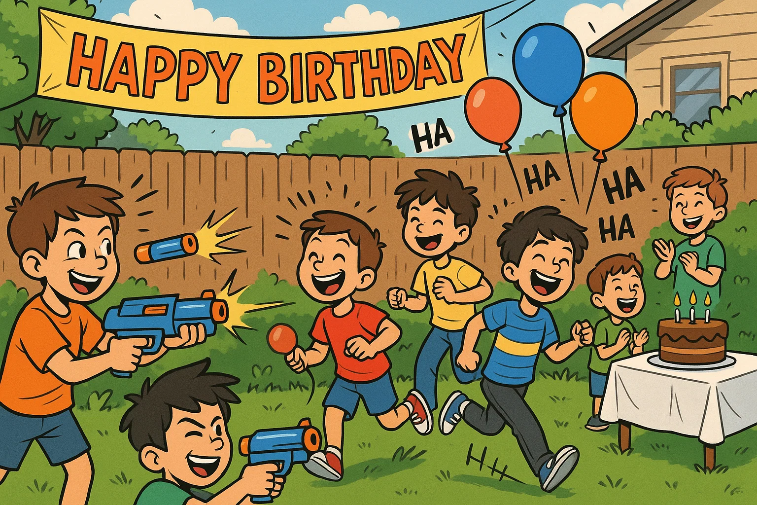 Outdoor boy birthday party with kids playing Nerf games, laughing, balloons, and birthday cake.