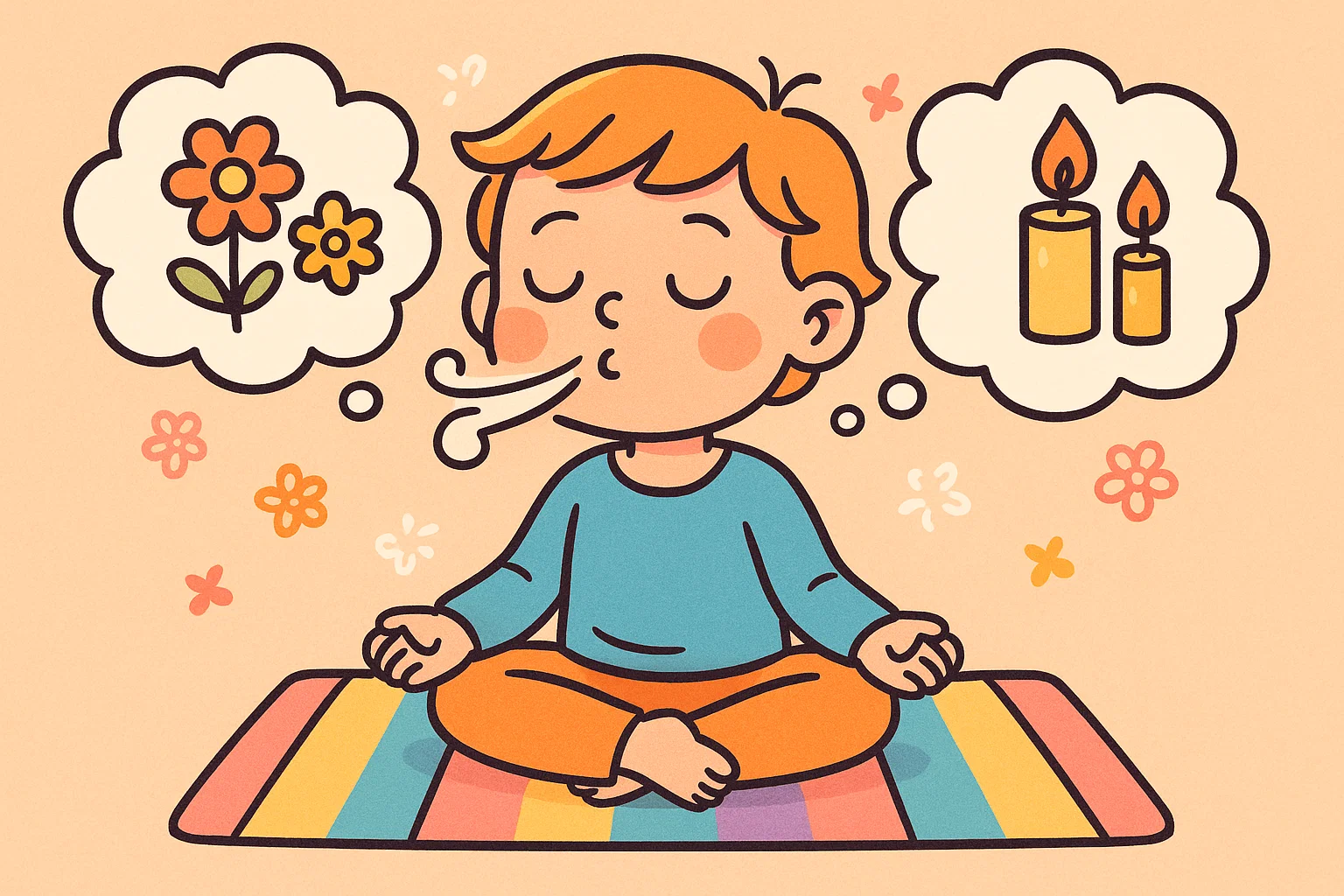 Cartoon child sitting calmly doing mindful breathing exercises for emotional balance. Cartoon child sitting calmly doing mindful breathing exercises for emotional balance.