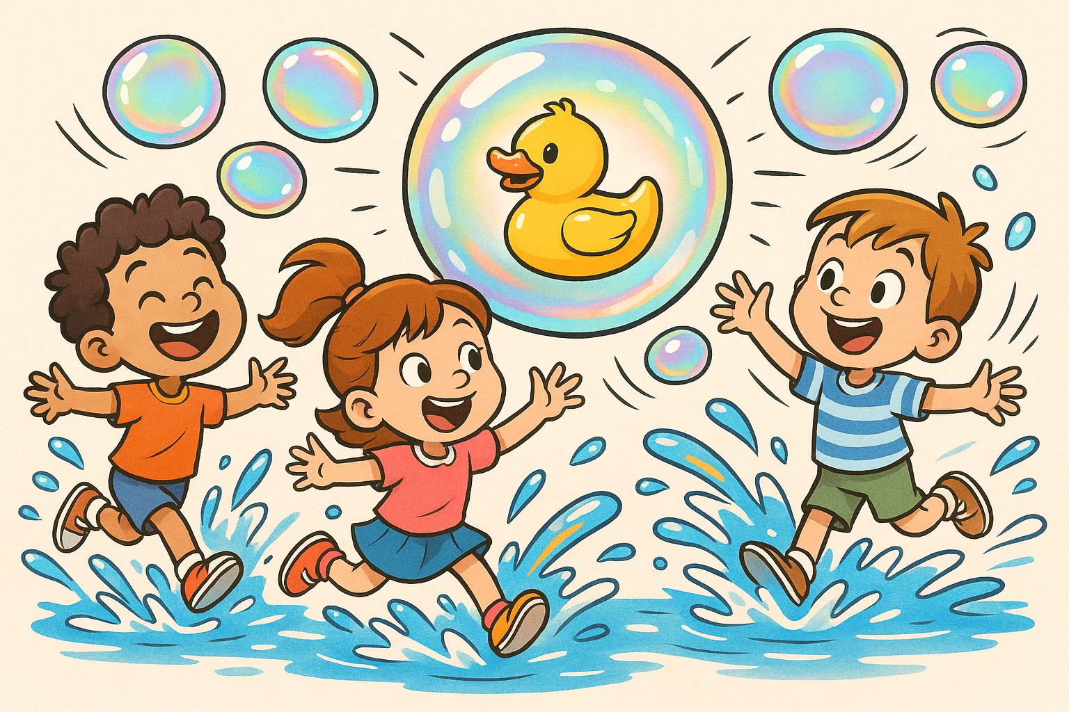 Children playing bubble bash and water games at outdoor birthday.
