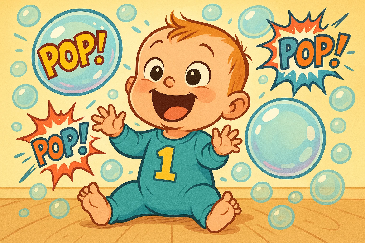 One year old laughing and popping bubbles at birthday party. One year old laughing and popping bubbles at birthday party.