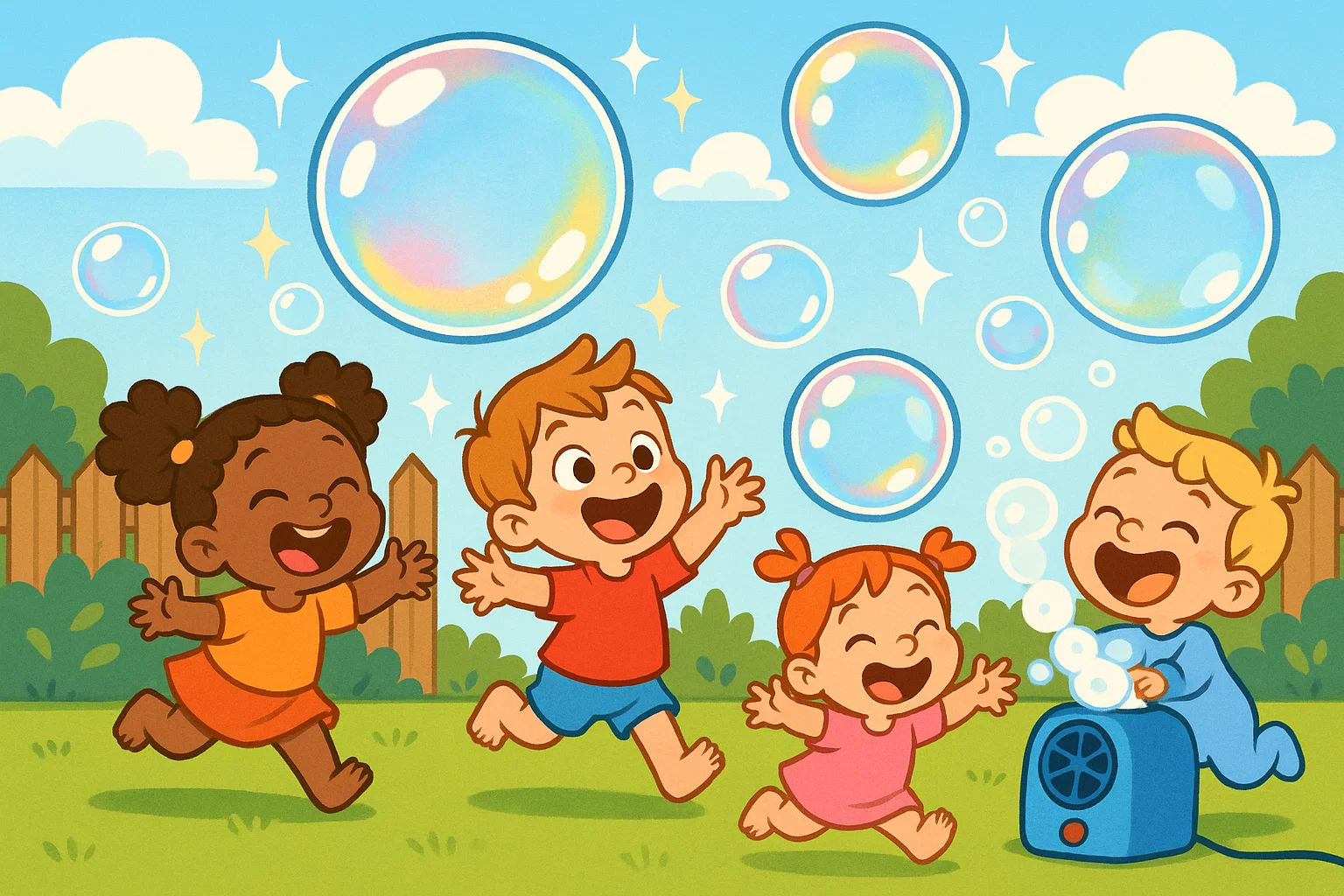 Toddlers enjoying bubble games with bubble machine outdoors. Toddlers enjoying bubble games with bubble machine outdoors.