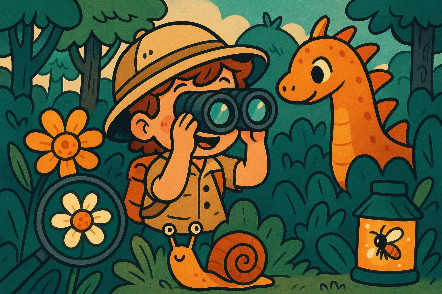 A cartoon of a young explorer in a whimsical forest, using binoculars and a bug house to observe nature.