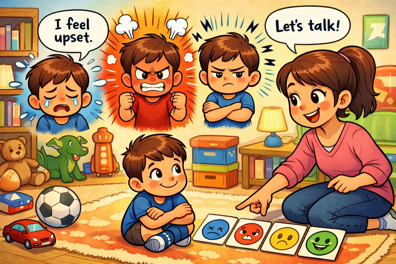 Parent guiding child to manage emotions and build emotional intelligence in a positive way.
