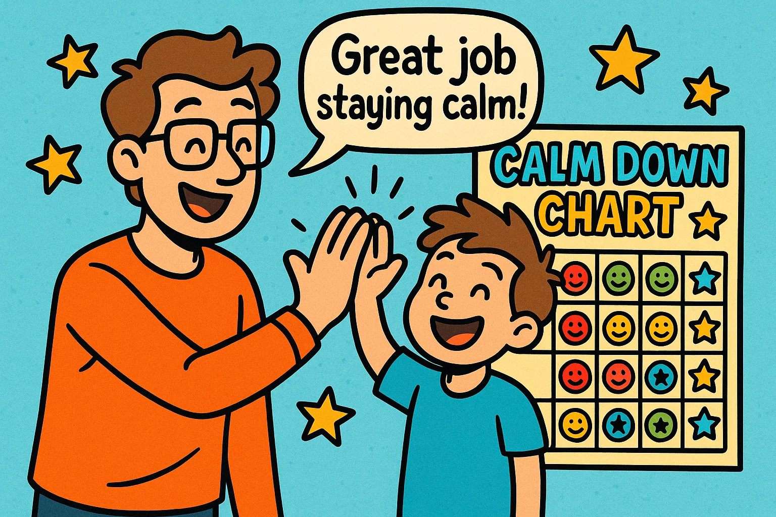 Cartoon parent and child high five building motivation for emotional regulation. Cartoon parent and child high five building motivation for emotional regulation.