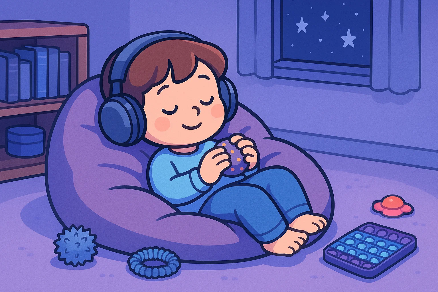 A young child is sitting on a bean bag chair listening to music with headphones.