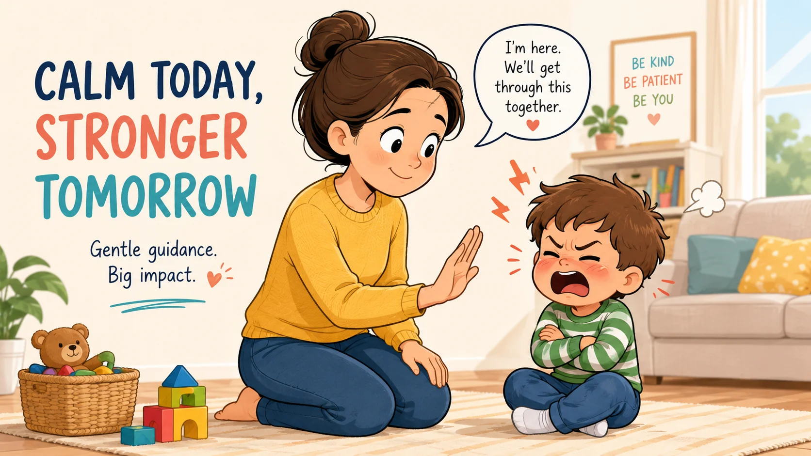 Calm parent discipline for frustrated 3 year old at home. 
