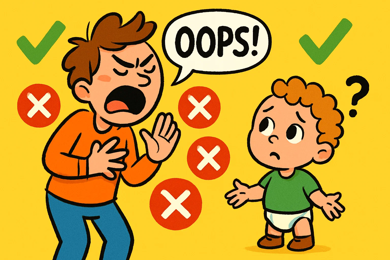 Parent gently says “oops” to child instead of scolding with red crosses. Parent gently says “oops” to child instead of scolding with red crosses.
