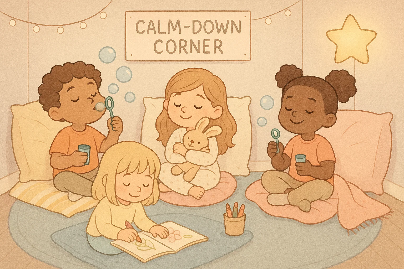 Calming activities for kids with children in a calm-down corner, practicing relaxation. Calming activities for kids with children in a calm-down corner, practicing relaxation.