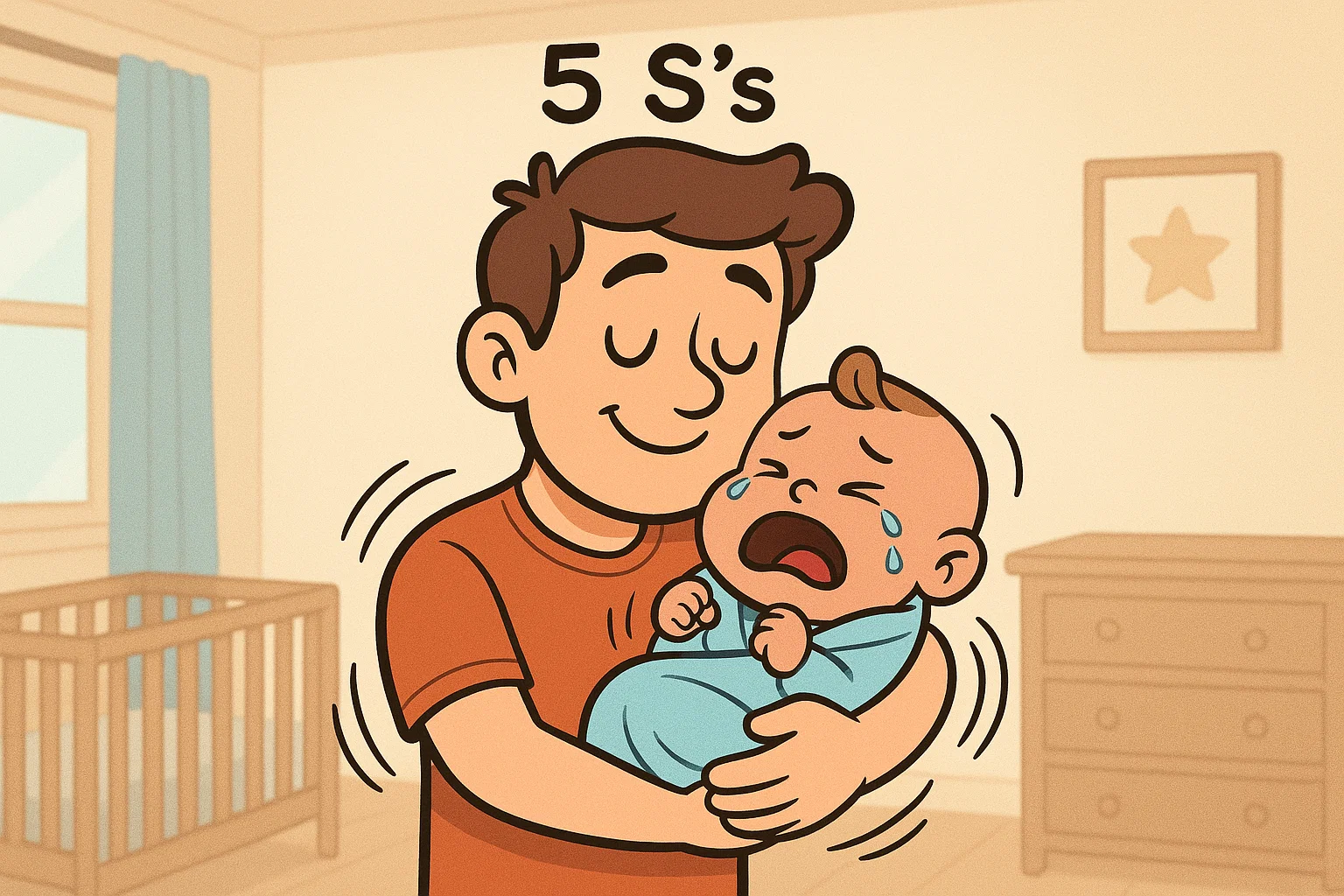 Cartoon parent comforting a crying baby using soothing techniques.