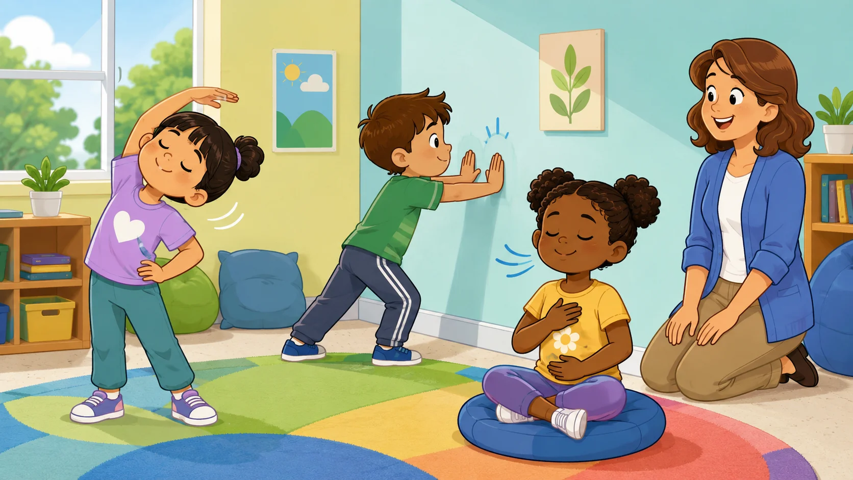 Kids doing calming movement exercises in a classroom with teacher.