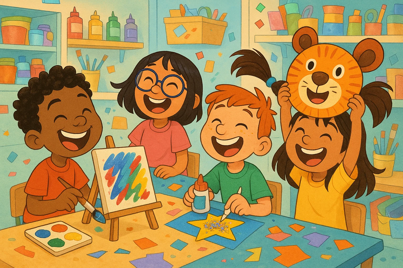 A cartoon of children happily making art, with one child painting, another gluing glitter, and a third holding up a paper-plate mask.