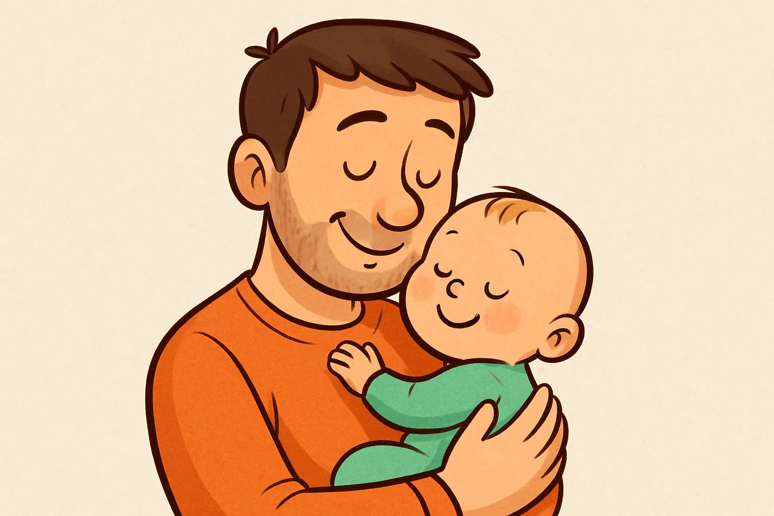 Cartoon dad and baby relaxing together chest-to-chest. Cartoon dad and baby relaxing together chest-to-chest.