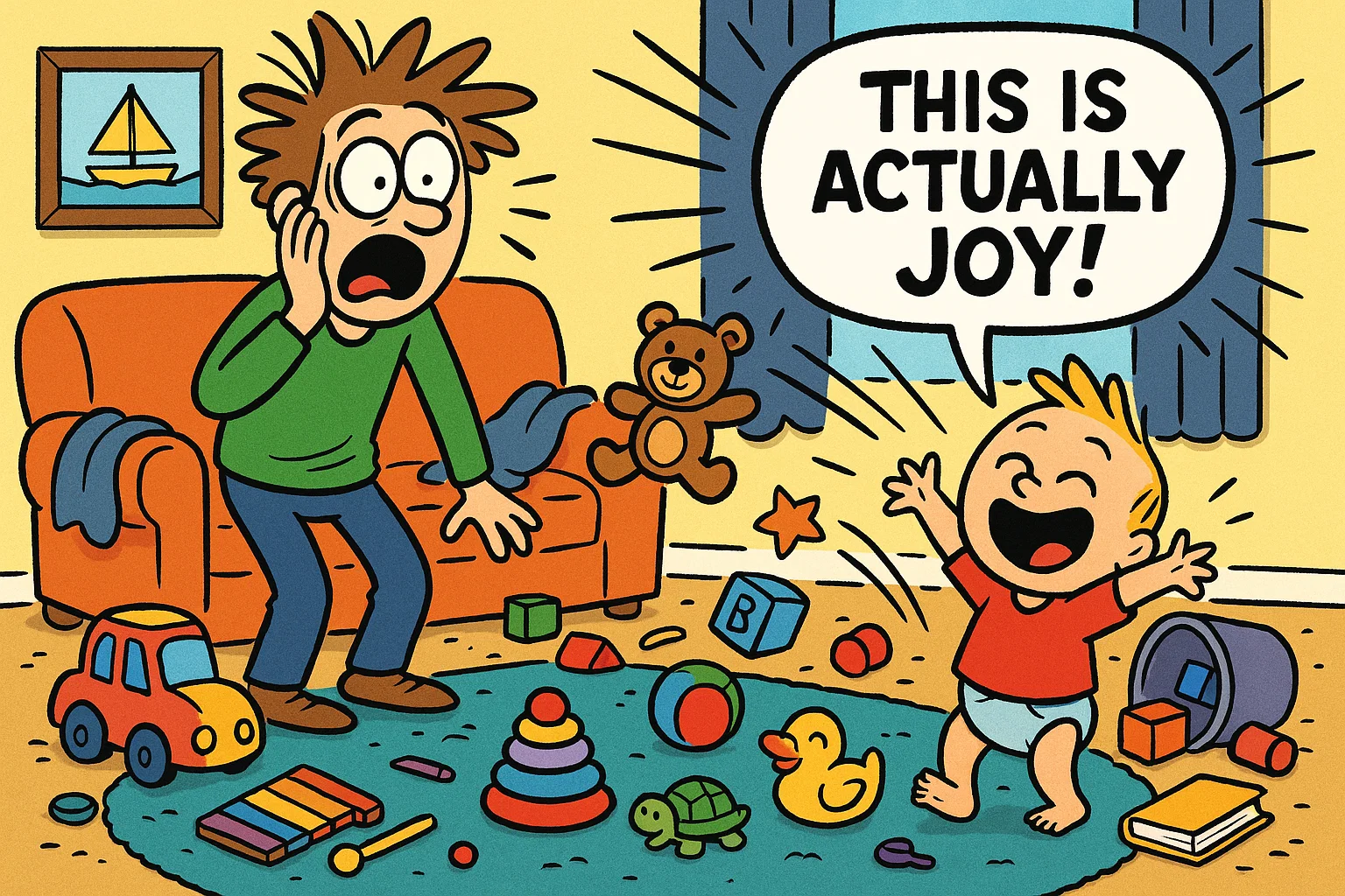 Cartoon parent in messy room with joyful toddler and comic-style “This is actually joy!” speech bubble. Cartoon parent in messy room with joyful toddler and comic-style “This is actually joy!” speech bubble.