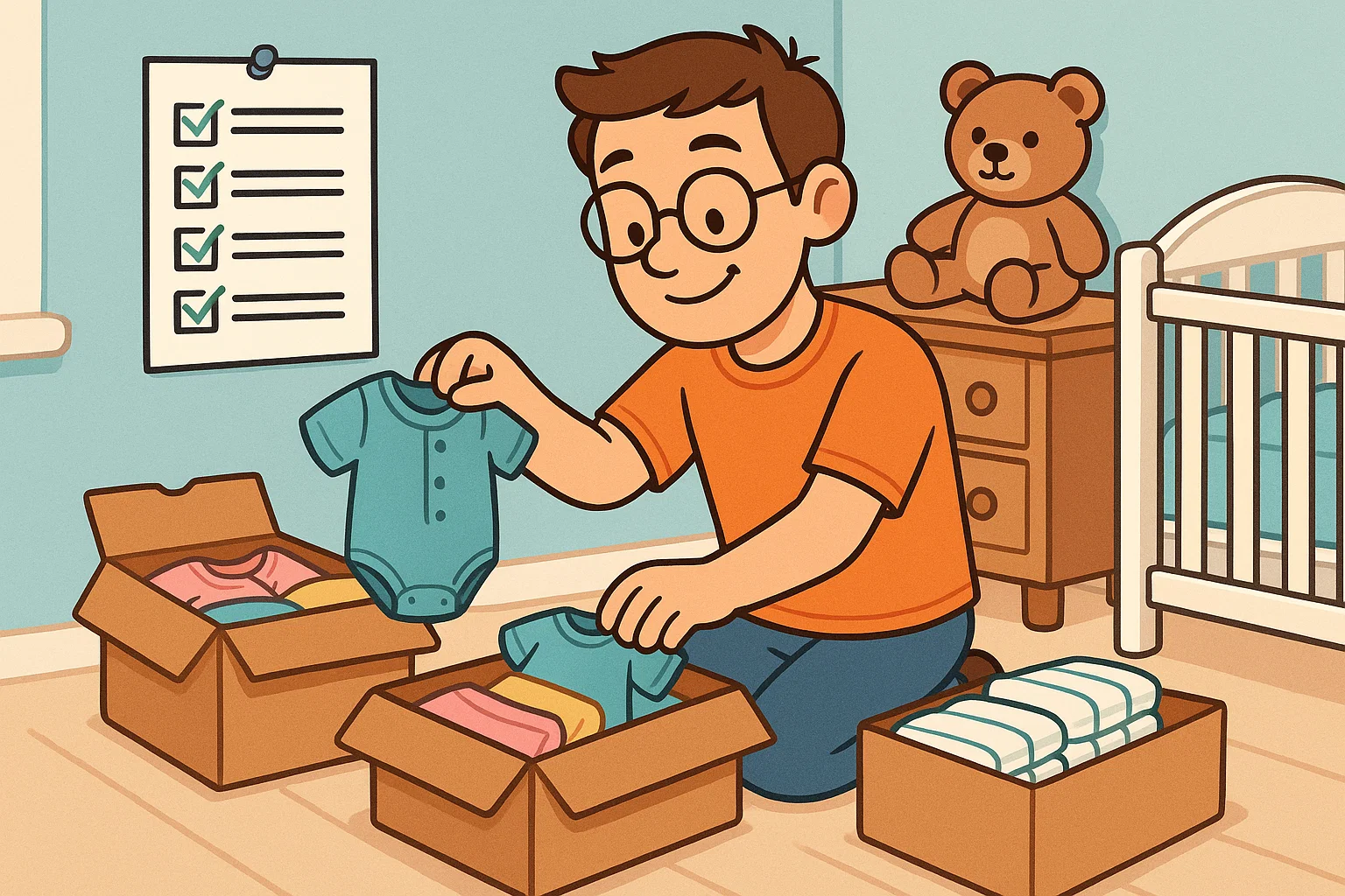 Cartoon dad setting up nursery with baby supplies and checklist. Cartoon dad setting up nursery with baby supplies and checklist.
