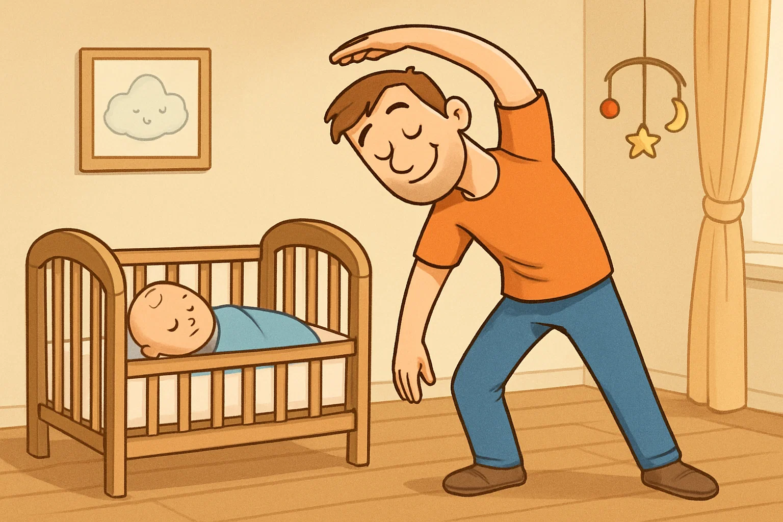 Cartoon father practicing self-care near sleeping baby. Cartoon father practicing self-care near sleeping baby.