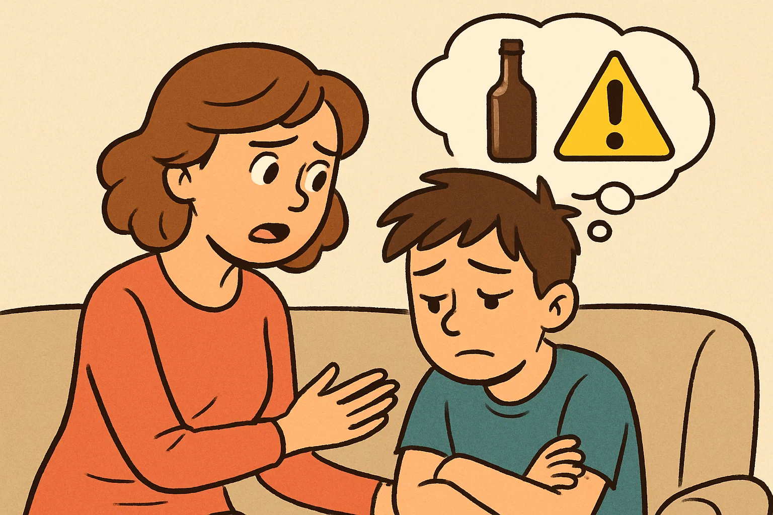 Cartoon parent talking to teen about risky behavior.