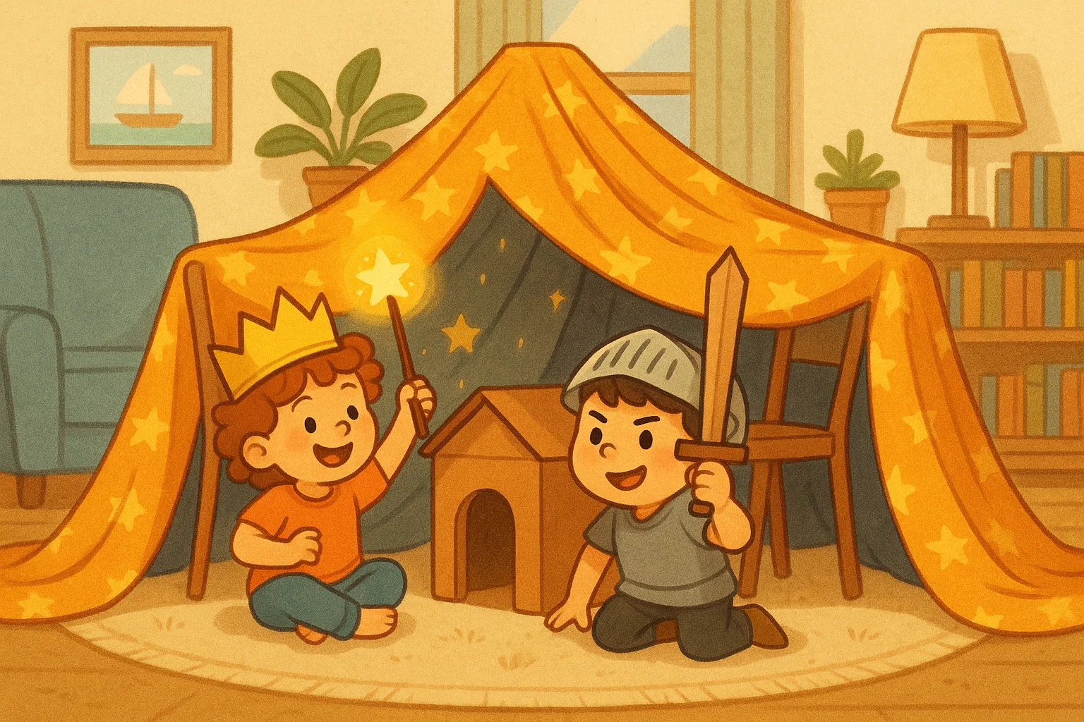 A cartoon showing two children playing in a fort made of blankets, with one wearing a crown and the other dressed as a knight.