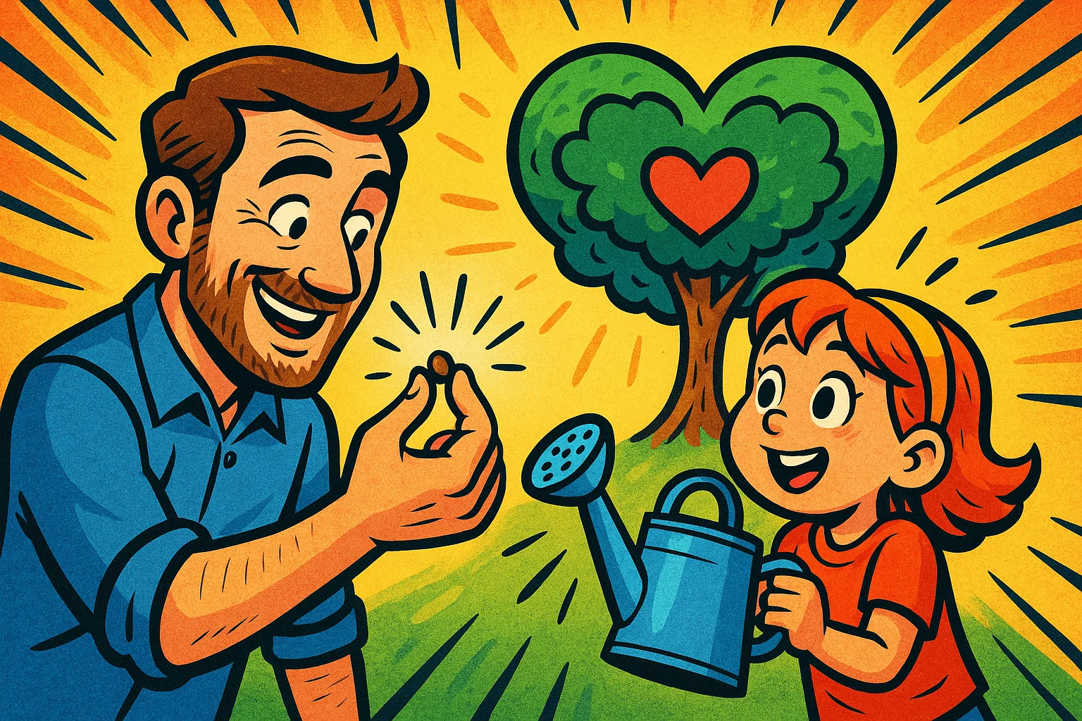 A cartoon father and daughter with a seed and a watering can, illustrating growth.