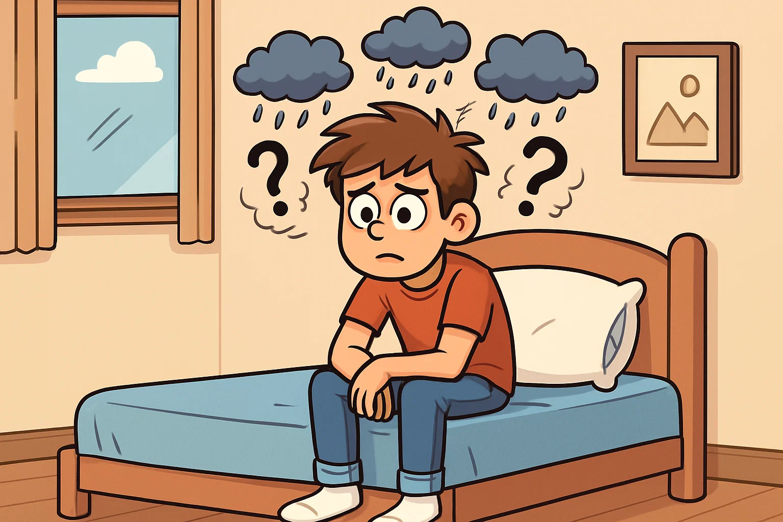 Teen boy cartoon with emotional symbols representing mood swings.
