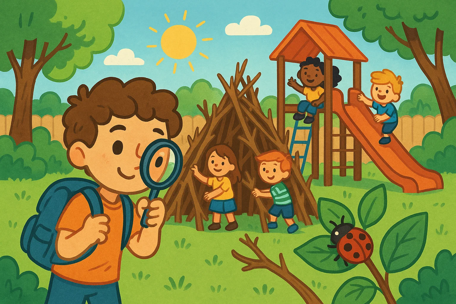 A cartoon showing kids enjoying outdoor activities, with one on a nature scavenger hunt and others building a fort.