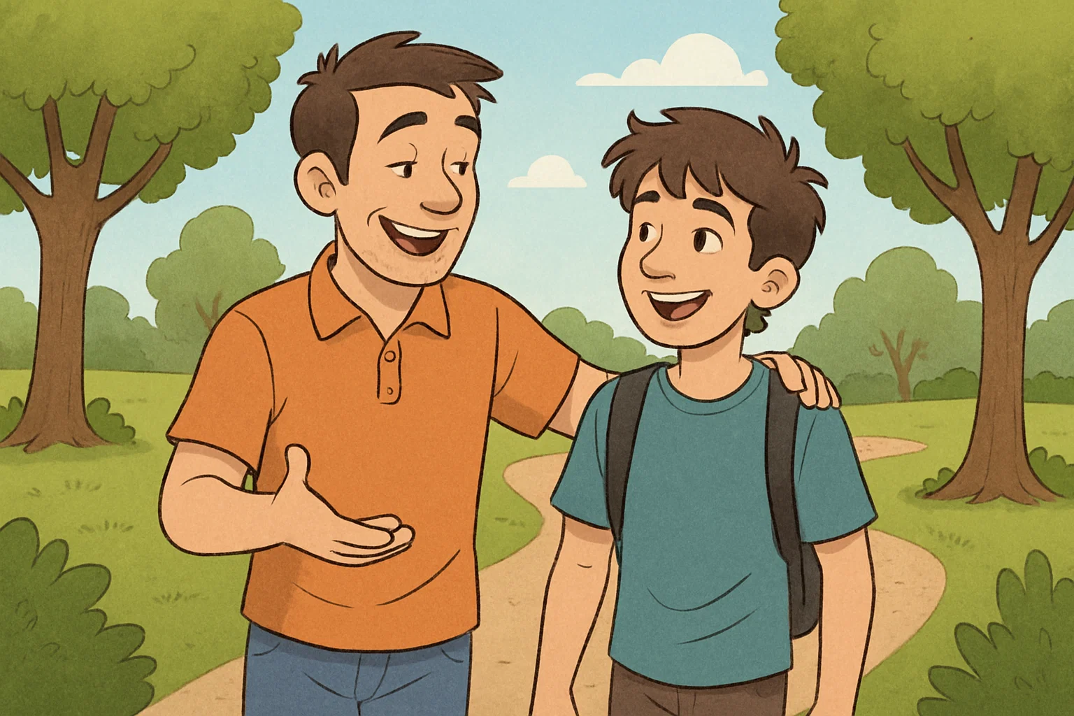 Father and son cartoon having open talk while walking.
