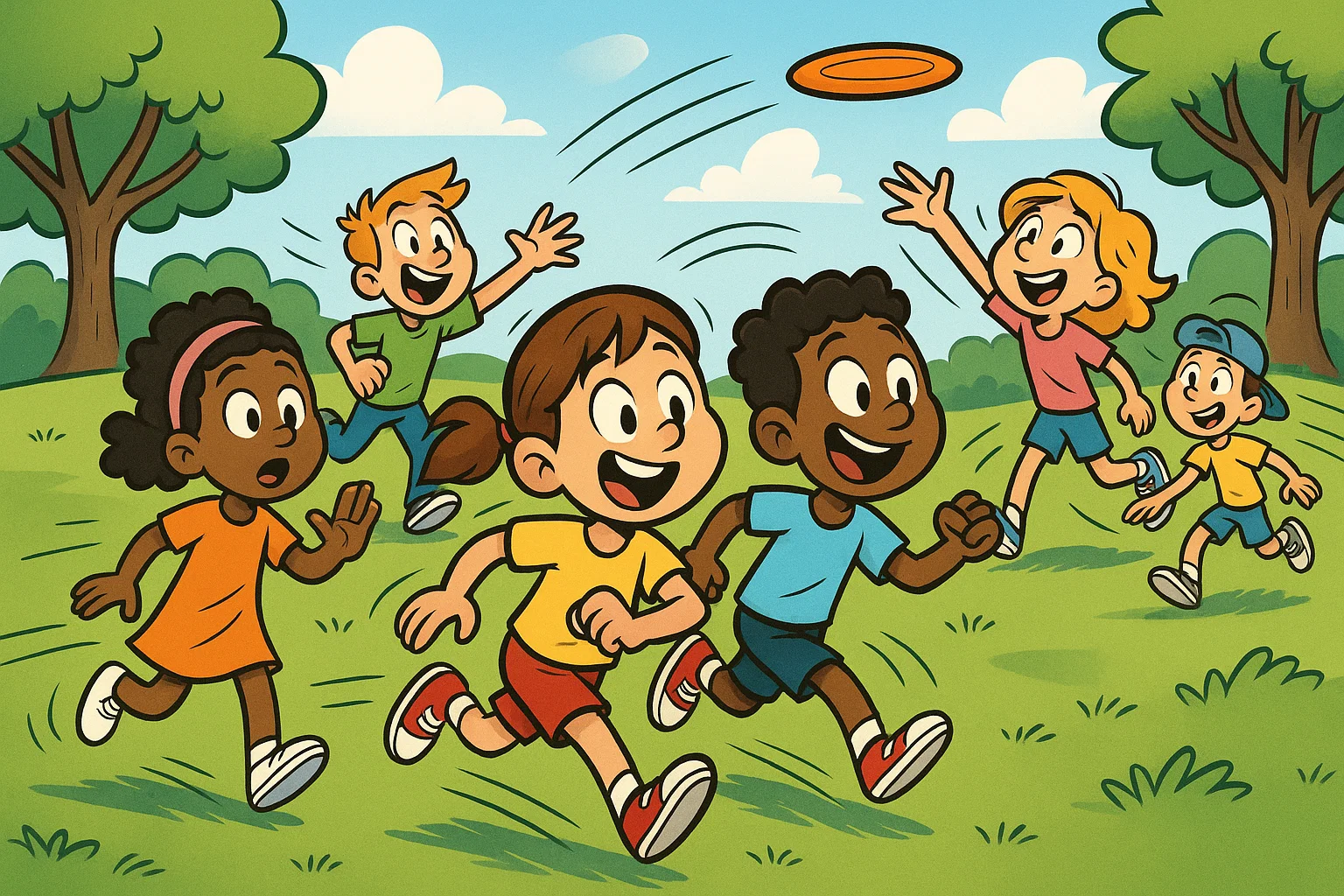 A cartoon illustration of children playing various classic and active games in a park.