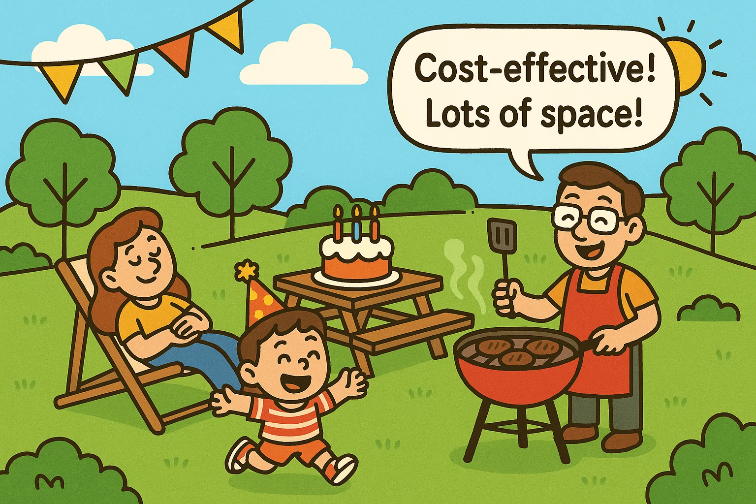 A cartoon showing a happy kids' birthday party in a park, with children playing and parents enjoying the simple setting.