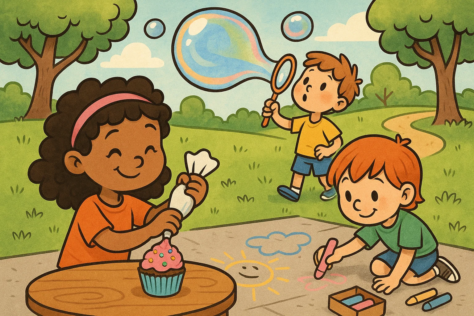 A cartoon of kids doing creative activities like drawing with chalk and blowing bubbles in a park.