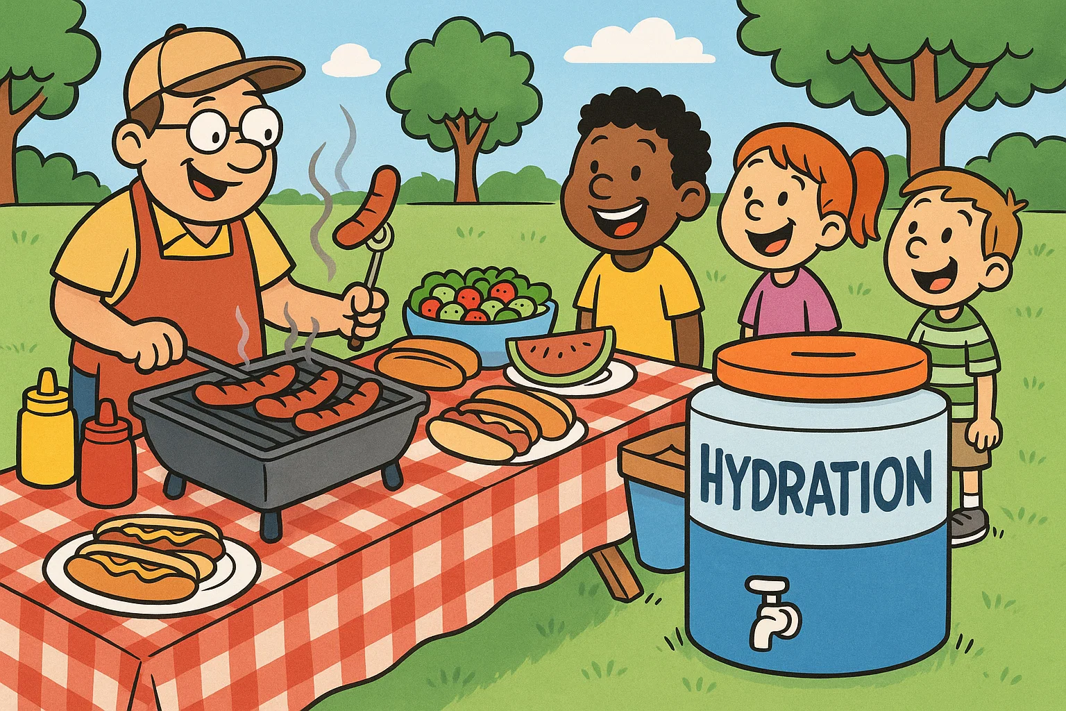 A cartoon showing a food station with a grill and a large cooler at a kids' park birthday party.