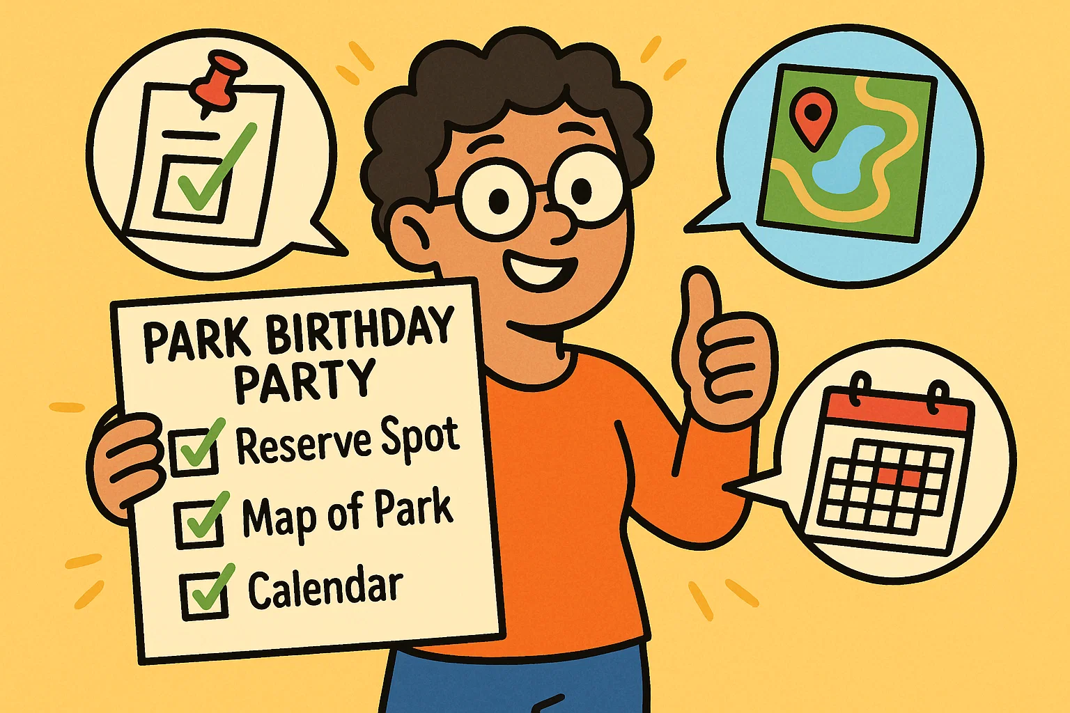 A cartoon of a parent with a checklist, planning a kids' birthday party in a park.