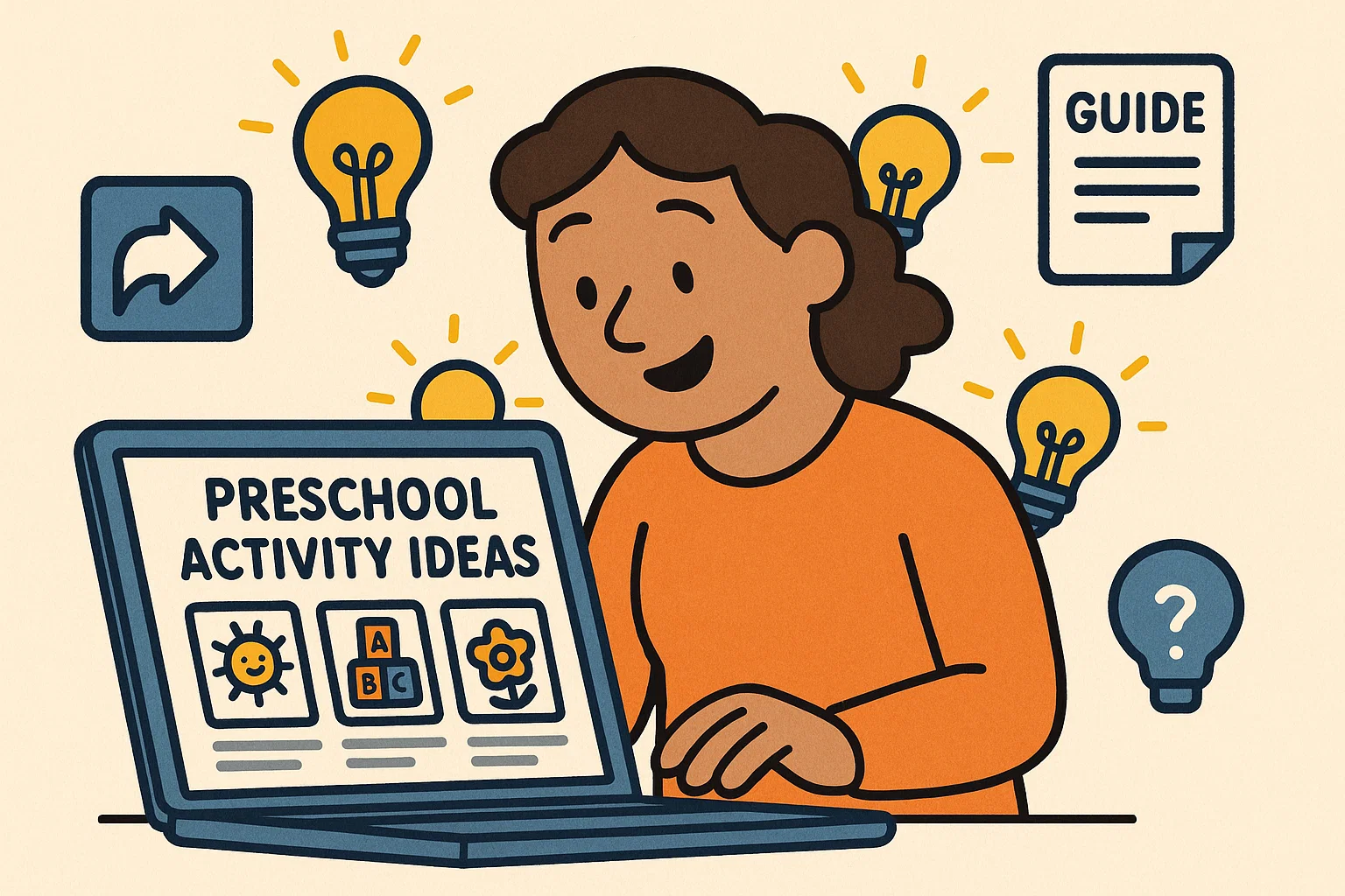 Cartoon parent exploring preschool guides online with inspiration icons
