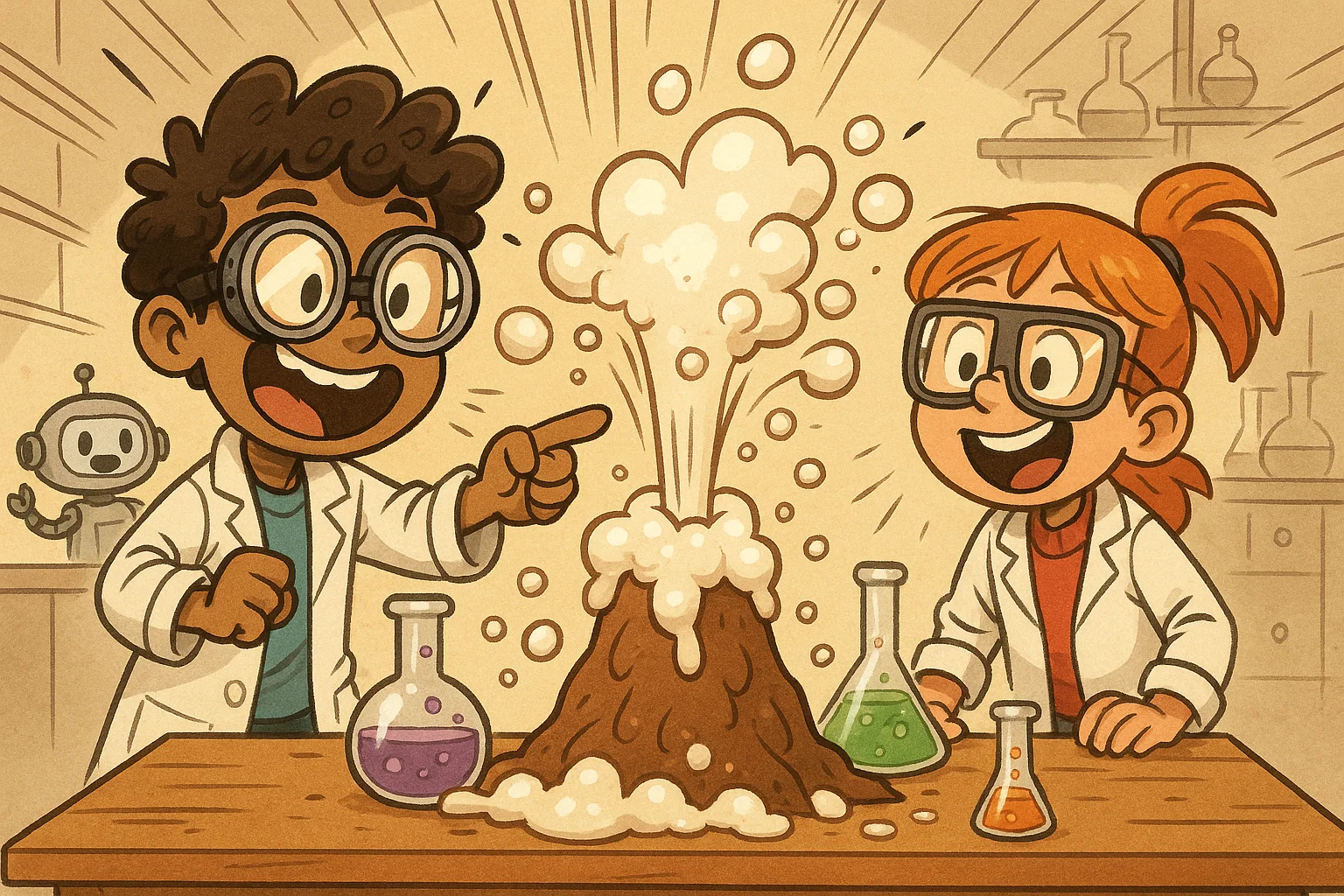 A cartoon of kids in a messy lab, with an erupting volcano and bubbling beakers, showing the excitement of science.