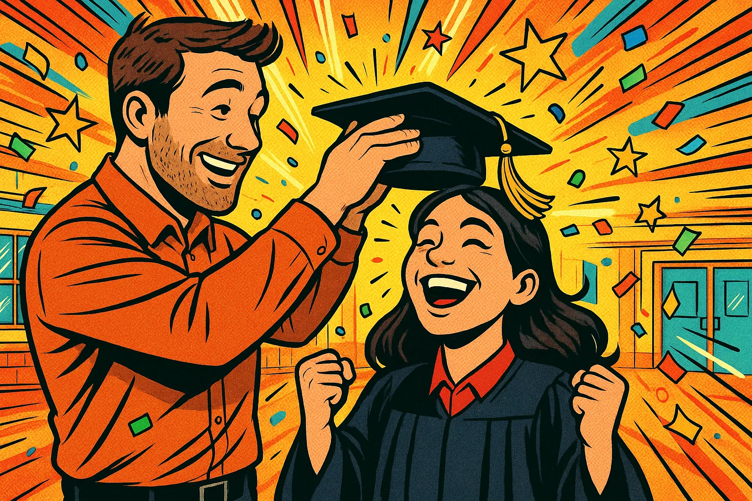 A celebratory cartoon of a father giving his daughter a graduation cap.