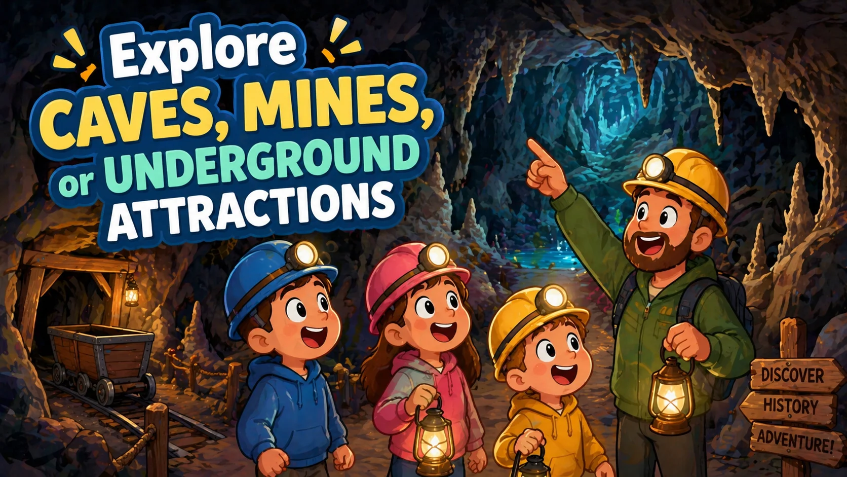 Kids exploring caves mines and underground attractions.