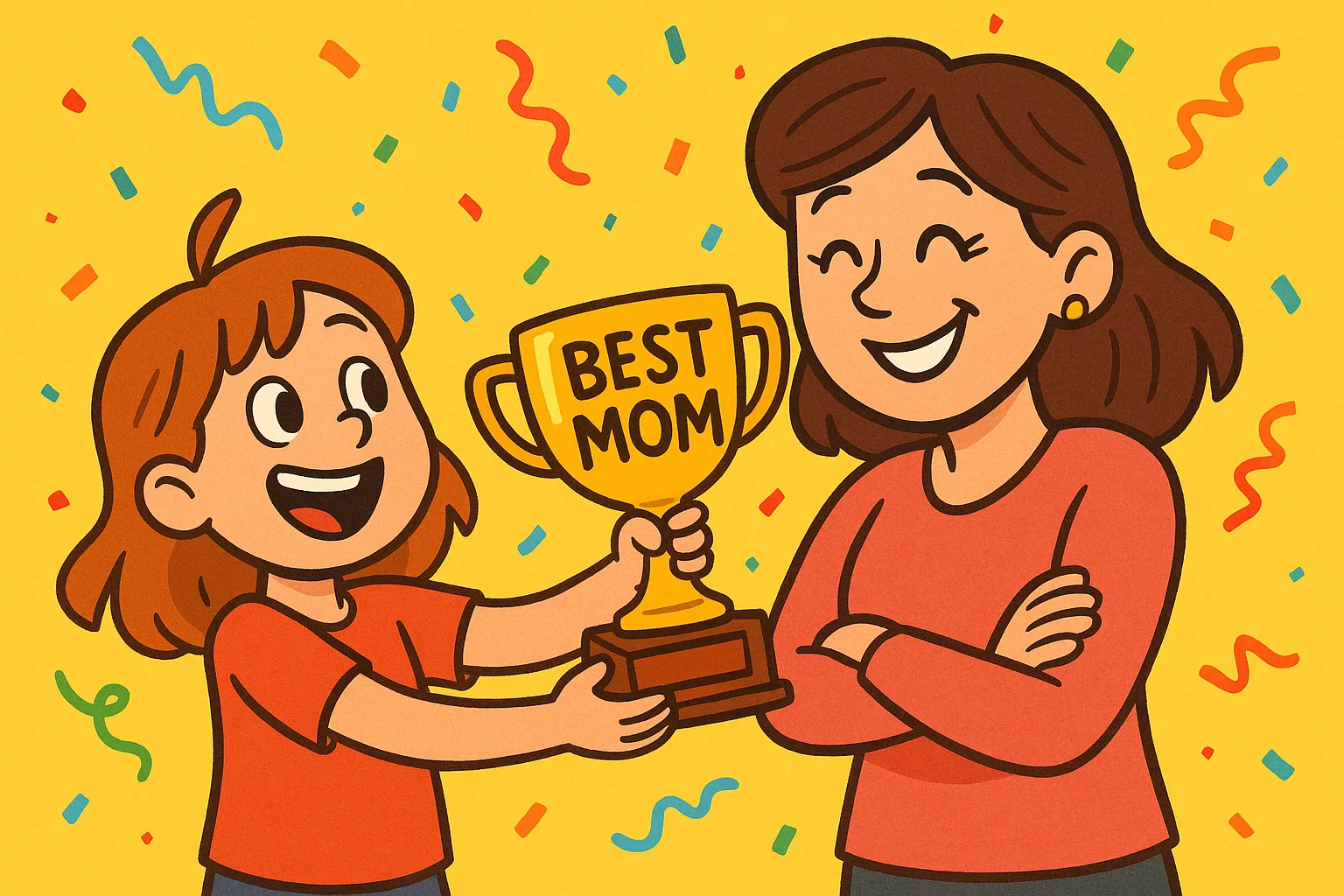 A cheerful cartoon of a daughter giving her mother a trophy, celebrating her as the best mother.