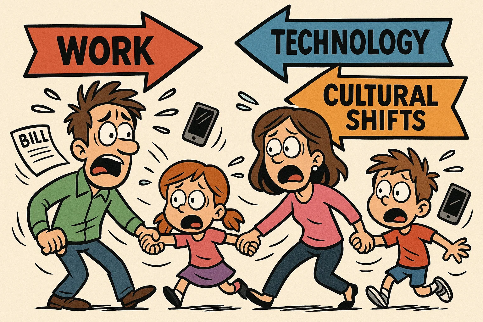 Cartoon showing challenges modern families face with traditional values. Cartoon showing challenges modern families face with traditional values.