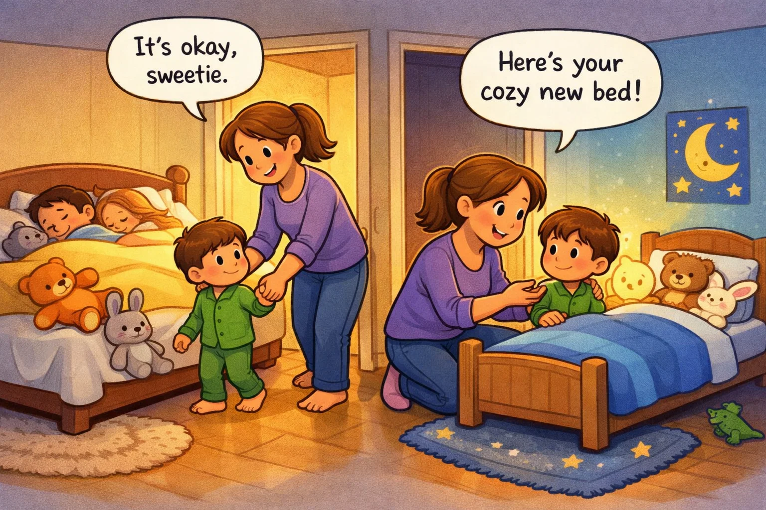 Challenges of transitioning from a family bed, showing the emotional moments during the process.
