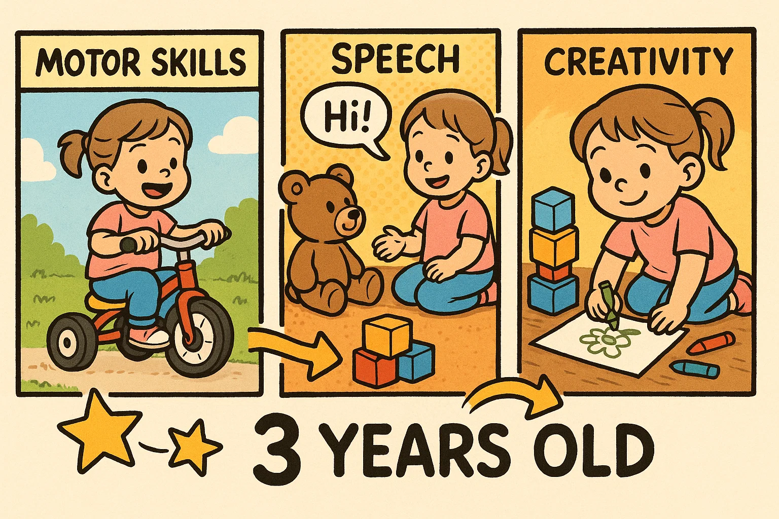 Developmental milestones for 3 year old including play, learning, and motor skills 
