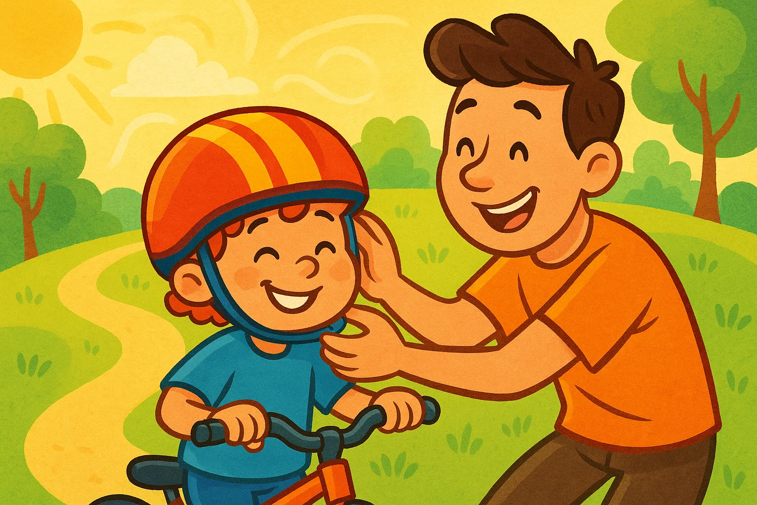 A cartoon of a parent helping a child put on a helmet before a bike ride.