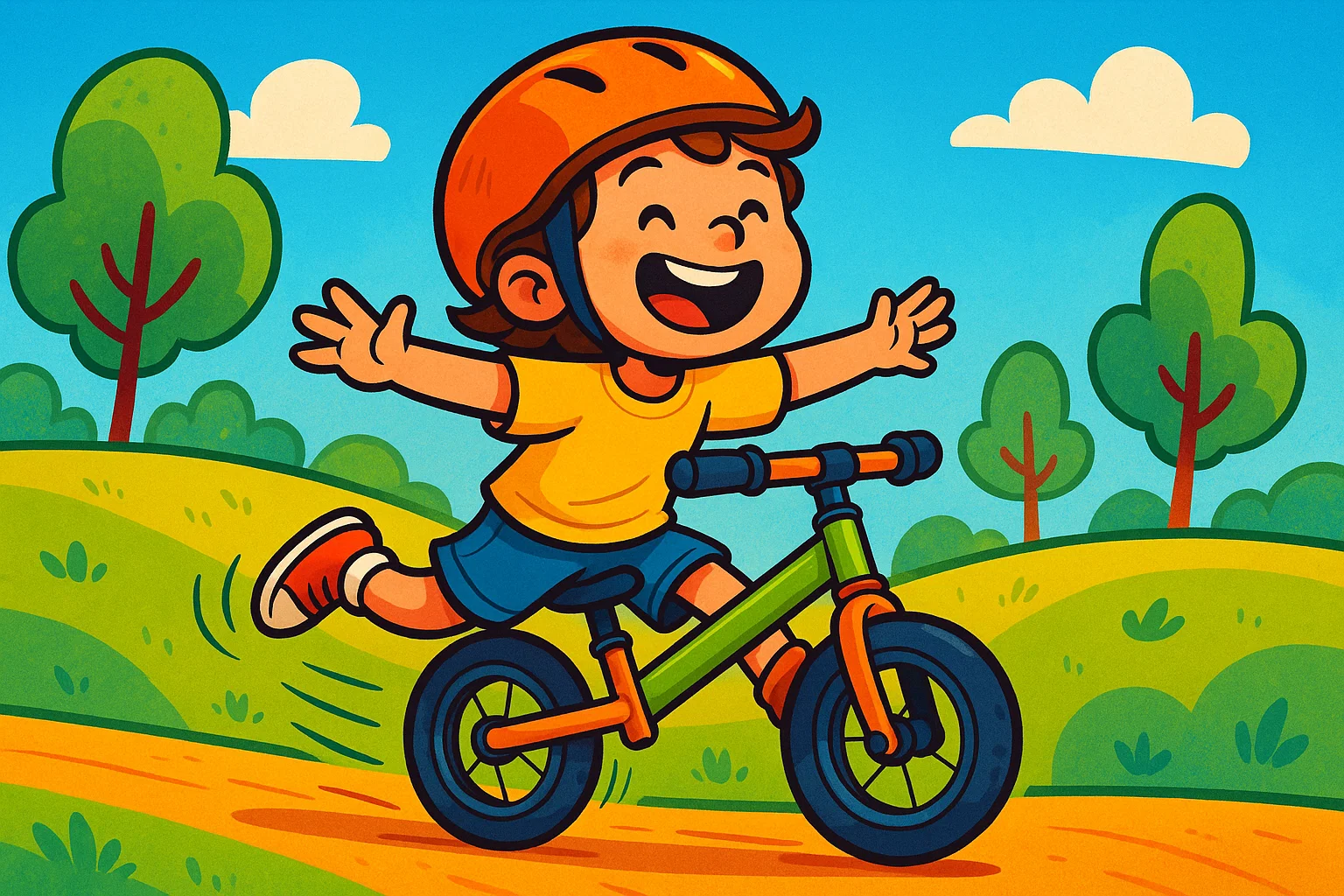 Smiling child wearing an orange helmet riding a green balance bike in a sunny park illustration"