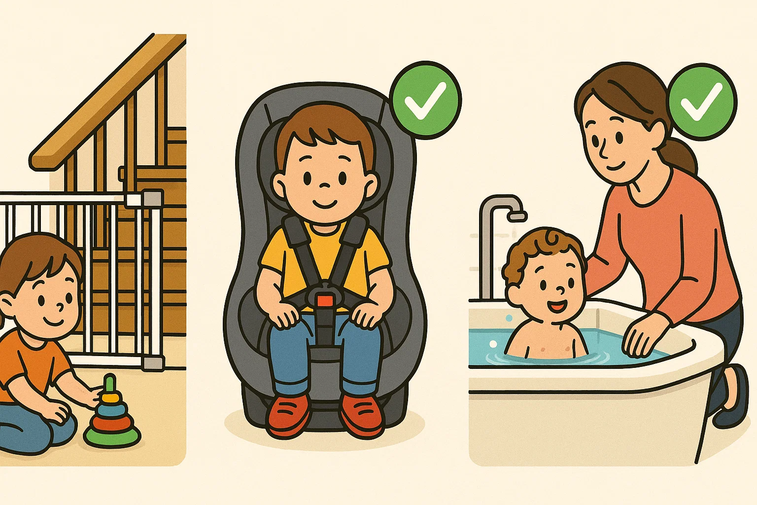A cartoon illustrating child safety with a baby gate, secure car seat, and adult supervision near a bathtub.