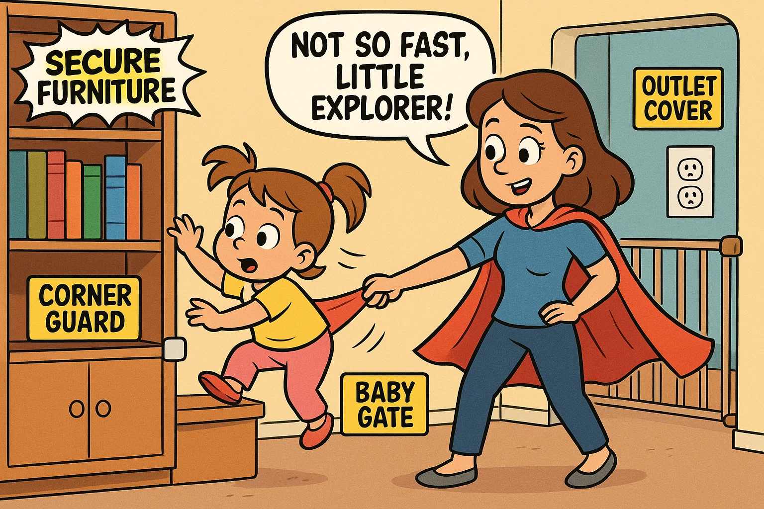 Child safety tips at home protection with safe environment and supervision. 

