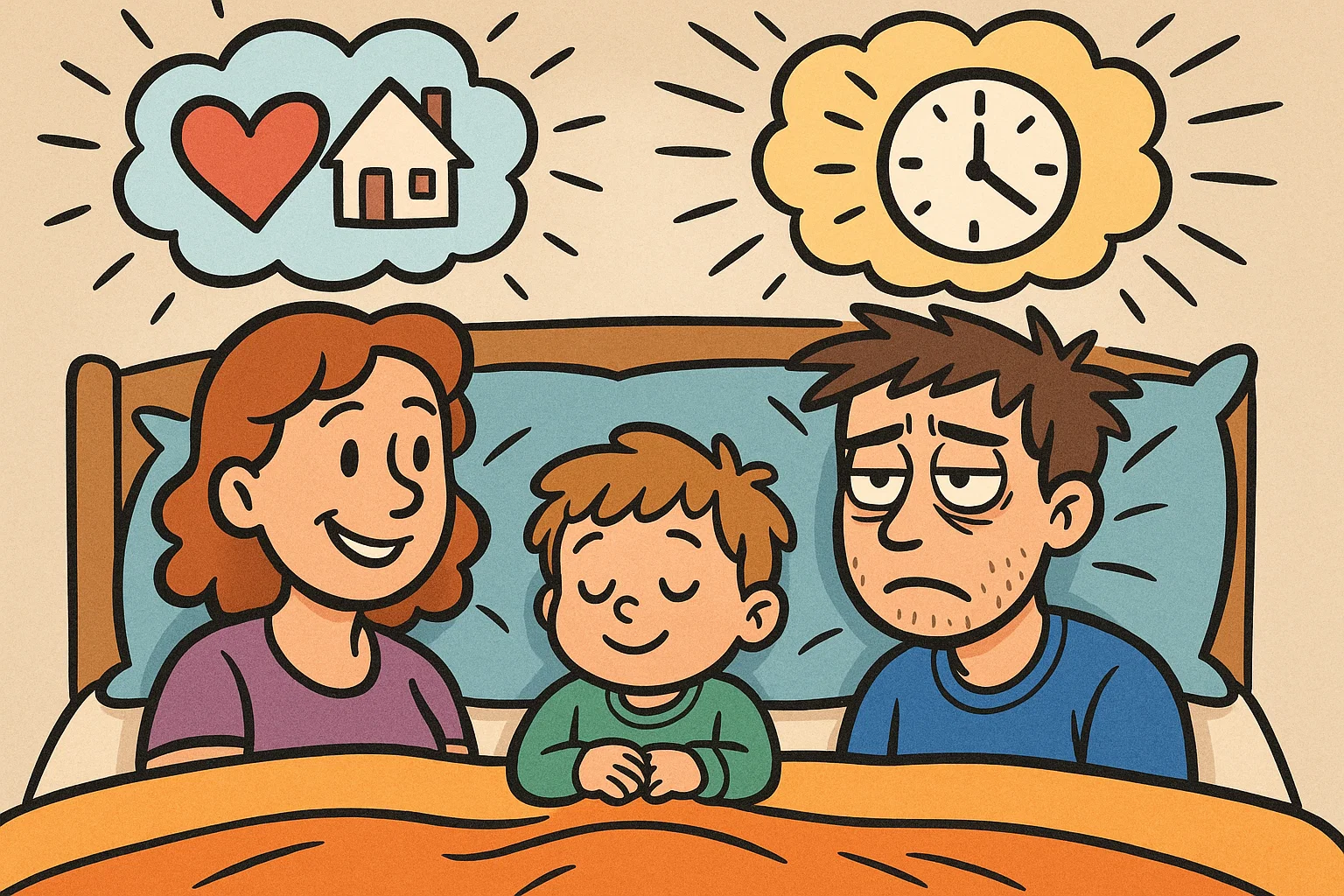 Child sleeping with parents cartoon showing psychological effects on family. Child sleeping with parents cartoon showing psychological effects on family.