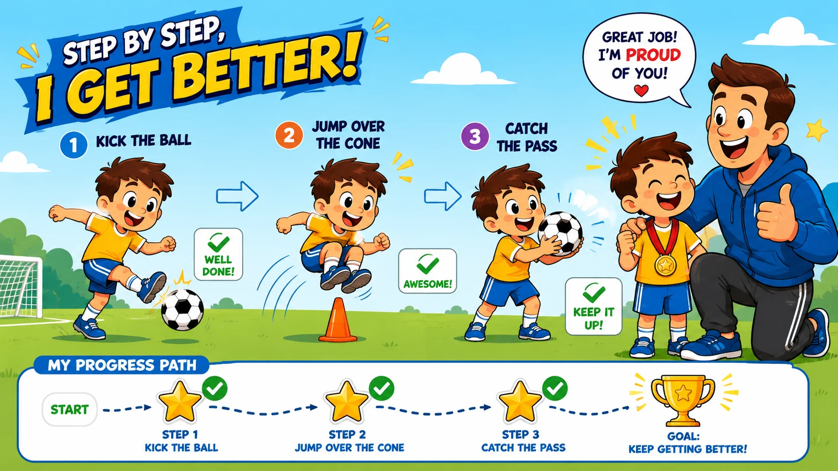 Child builds sports motivation step by step with coach support. 
