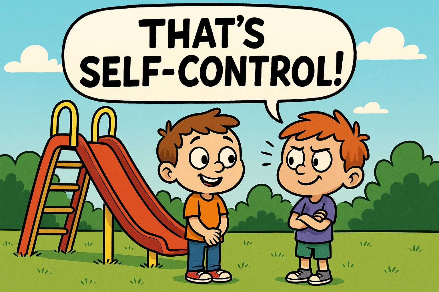 Cartoon kids practicing self control and discipline in childhood at the playground.