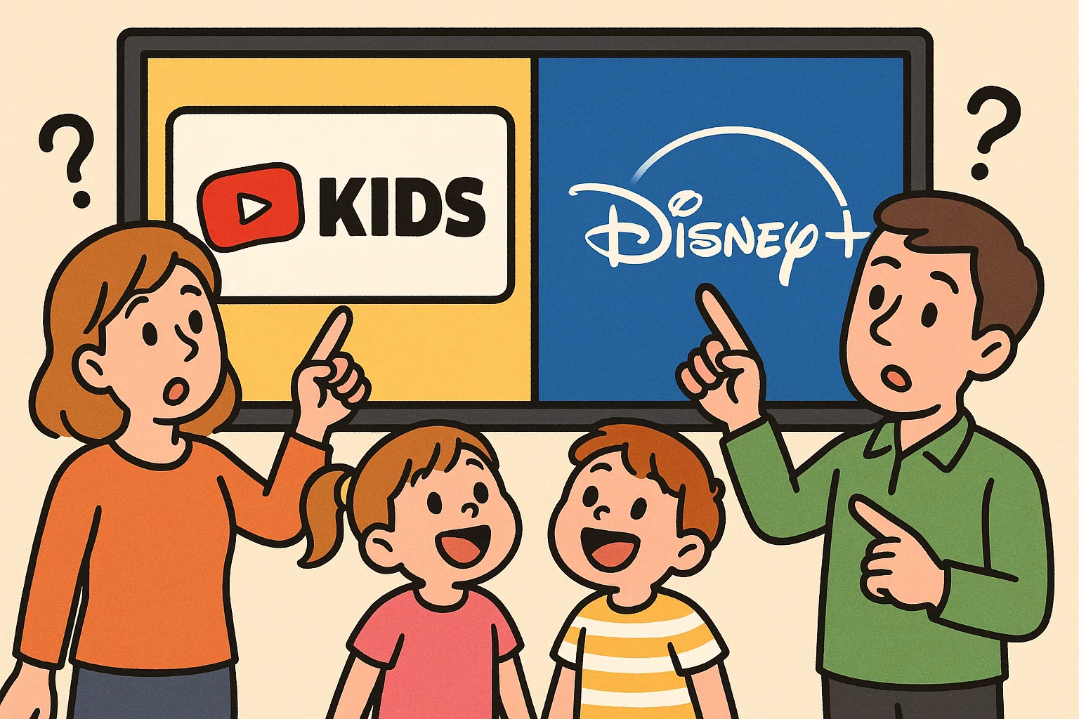 A cartoon of a family choosing between YouTube Kids and Disney+ on a large screen.